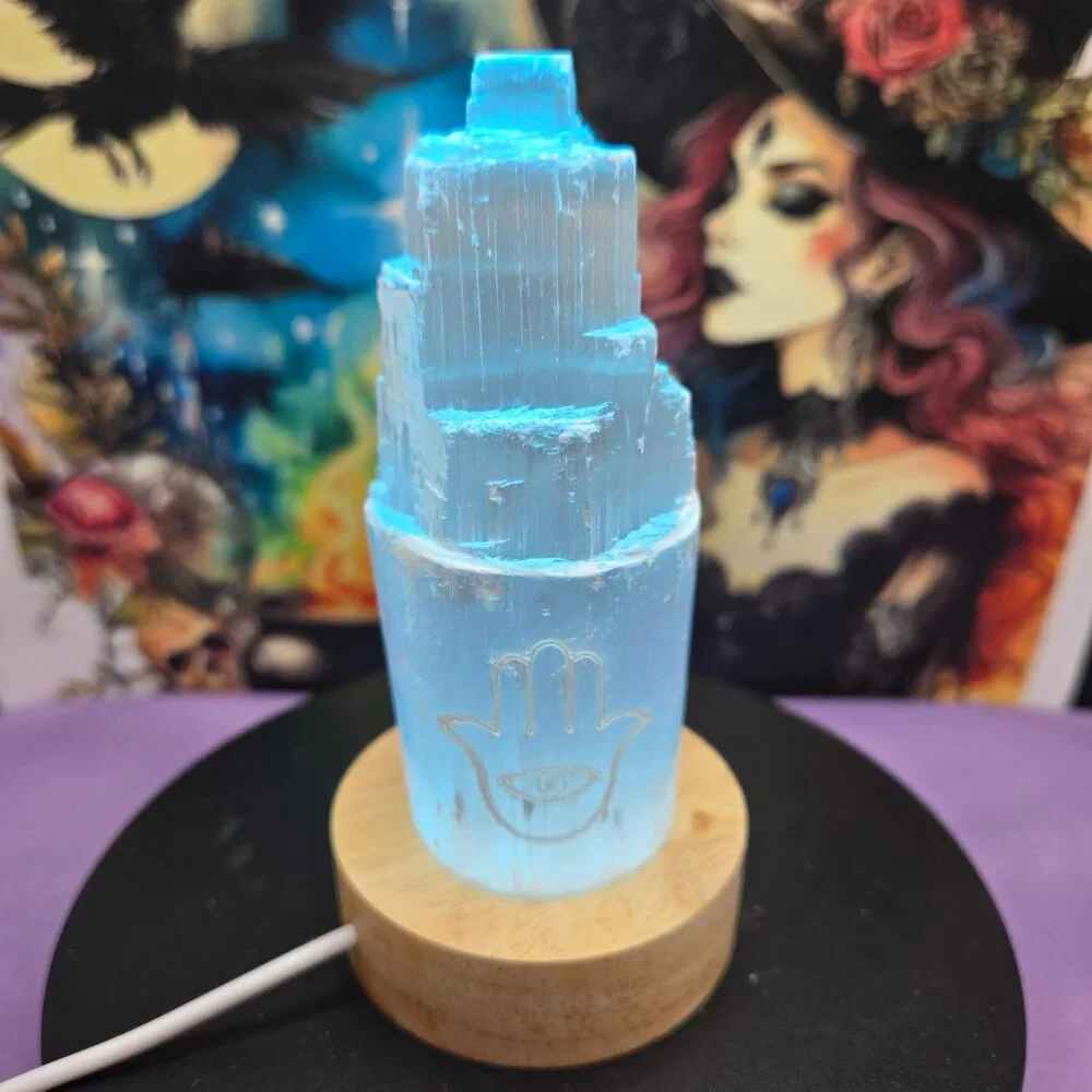 Selenite Crystal Tower 7-Color Changing LED Lamp etched with Hamsa Hand Evil Eye